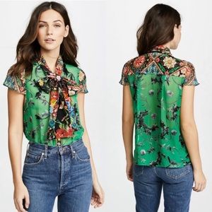 Alice & Olivia Jeannie Mixed Print Tie-Neck Blouse